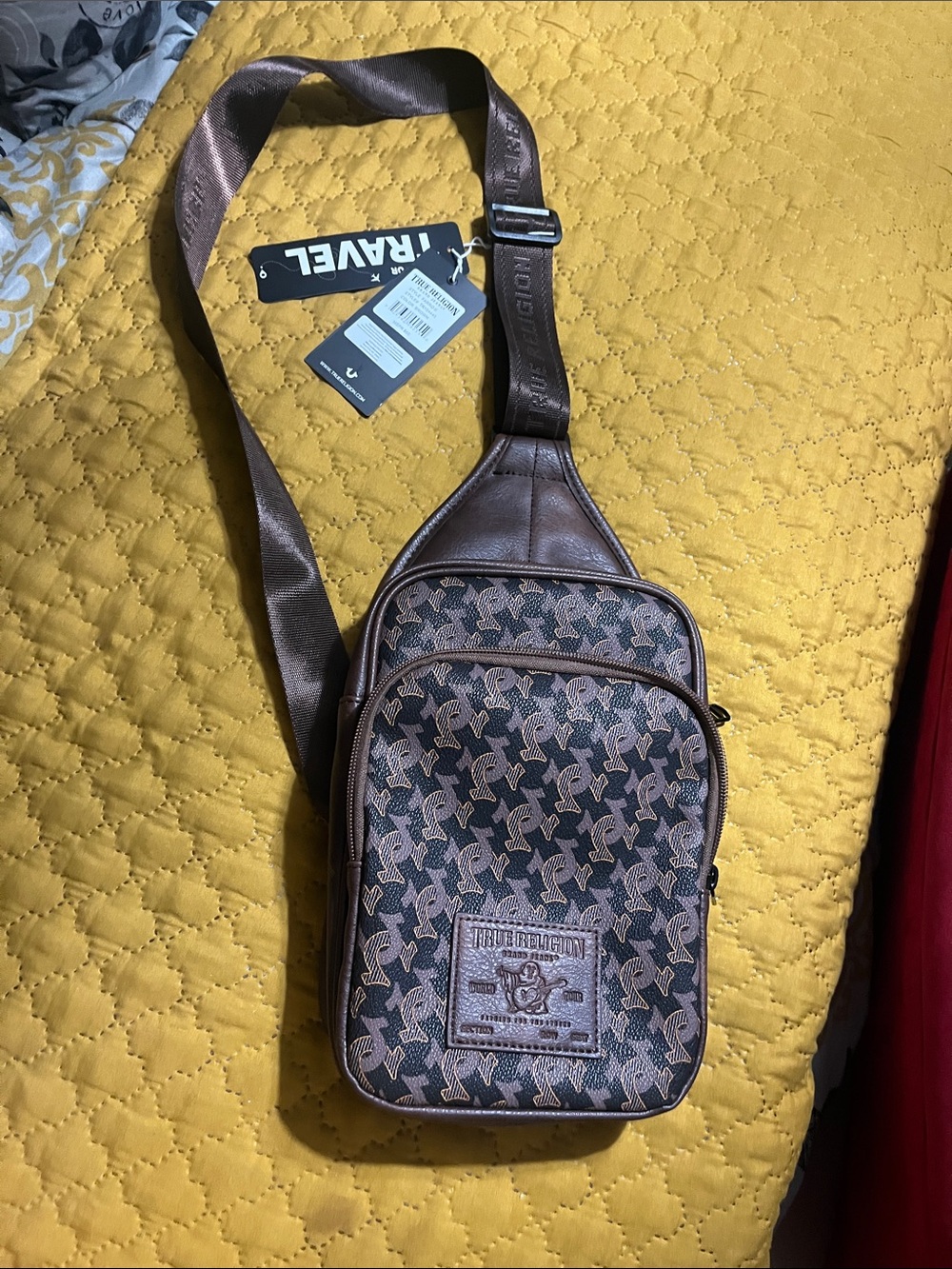 True Religion Brown Pattern Logo Crossbody Sling Bag